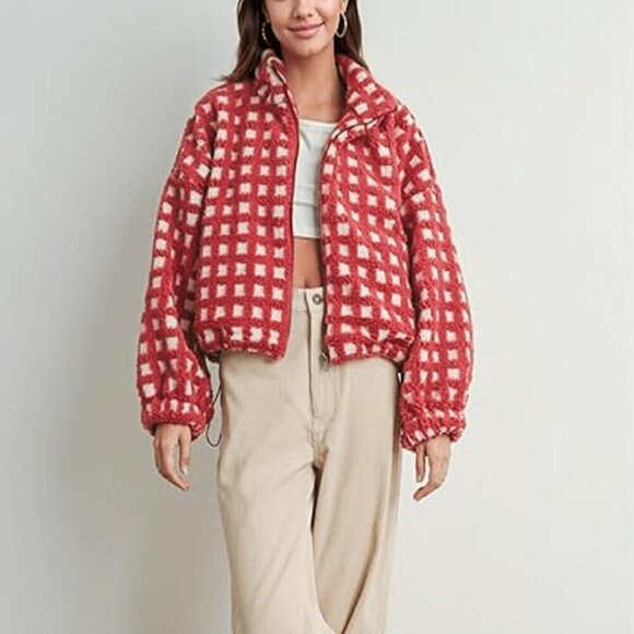 Jackets & Blazers - Red Casual Women's Checkered Fleece Cropped Sherpa Jacket
